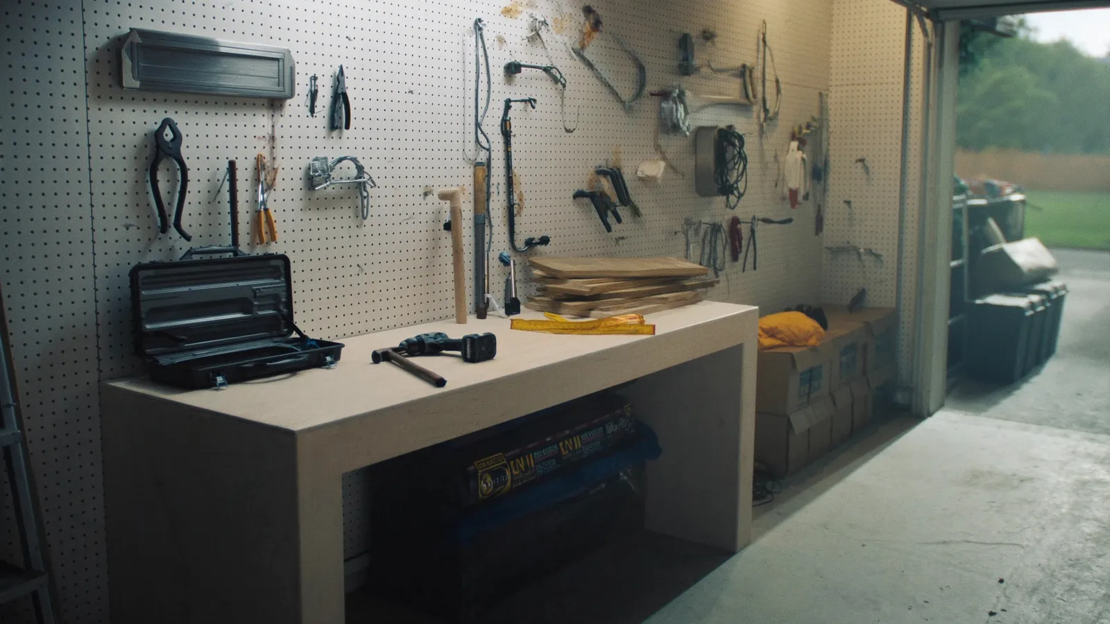 A tidy garage workshop with a pegboard of tools and a workbench