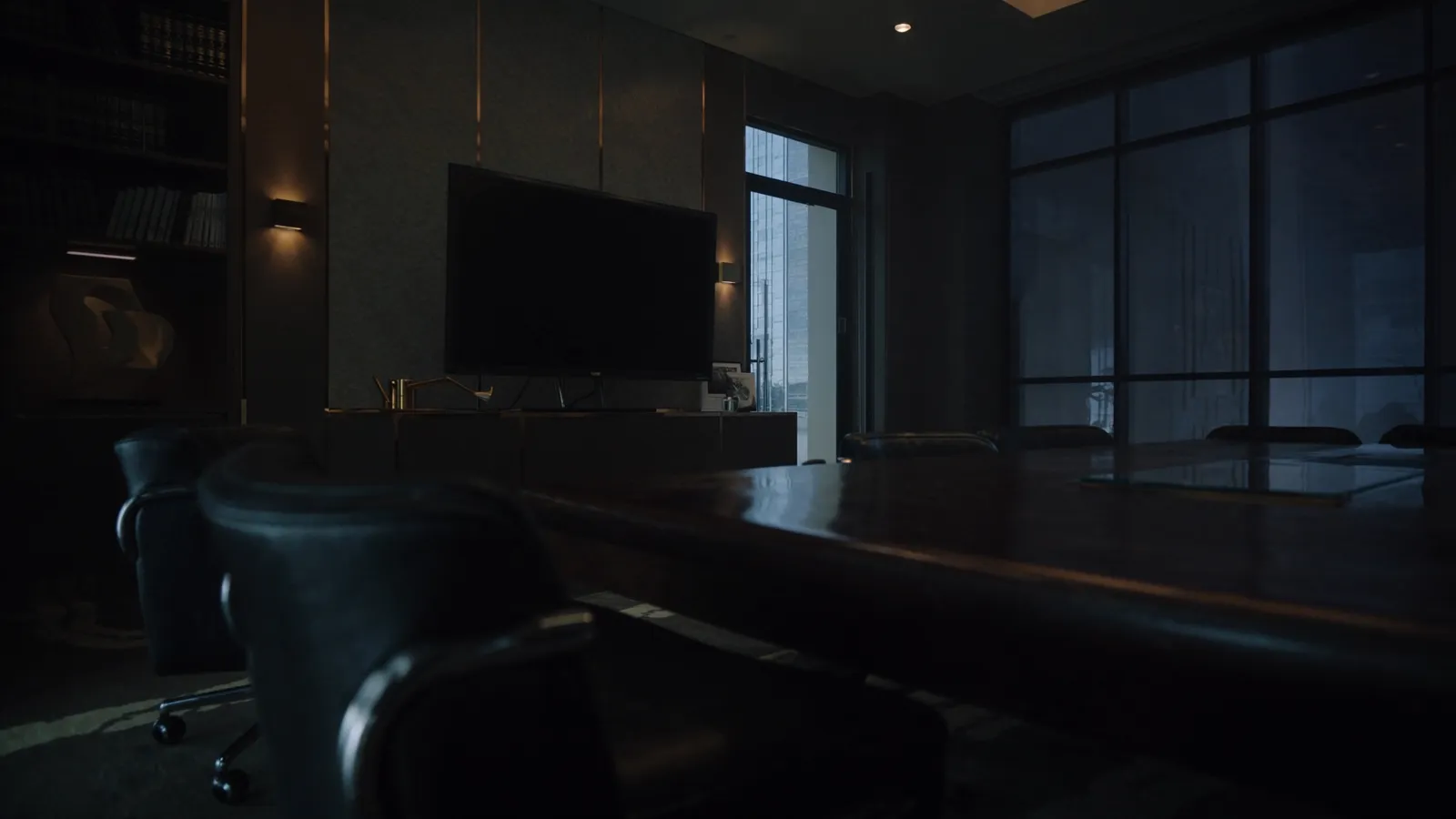 An elegant law office conference room with a walnut table and city daylight