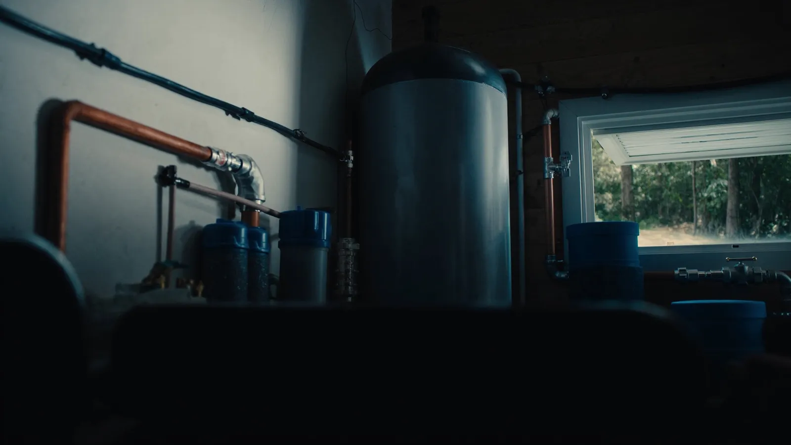 A residential well water treatment system with a pressure tank and filtration housings