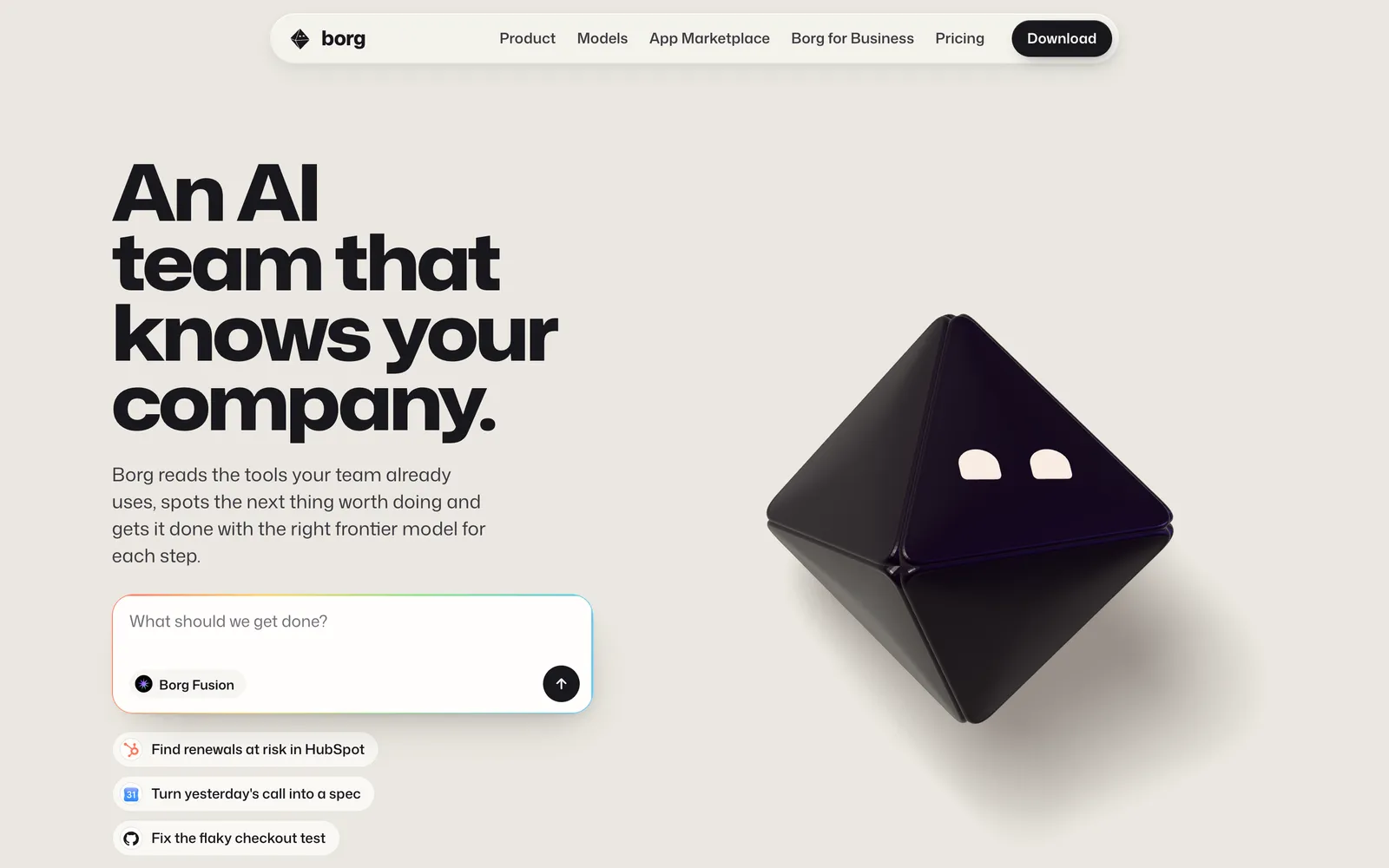 The getborg.com homepage: An AI team that knows your company, with the Borg Fusion prompt box