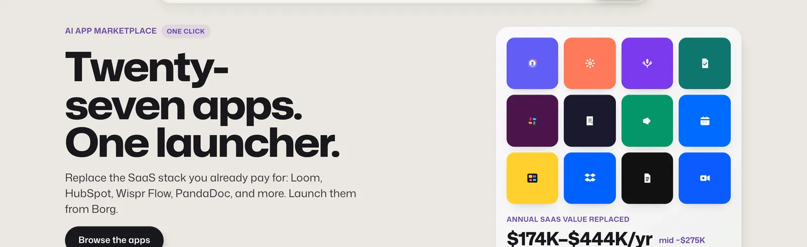 Borg AI App Marketplace header: Twenty-seven apps. One launcher, with the annual SaaS value replaced estimate