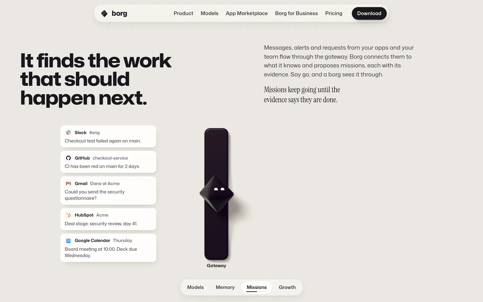 Borg's missions section showing alerts from Slack, GitHub, Gmail, HubSpot and Google Calendar flowing into the gateway