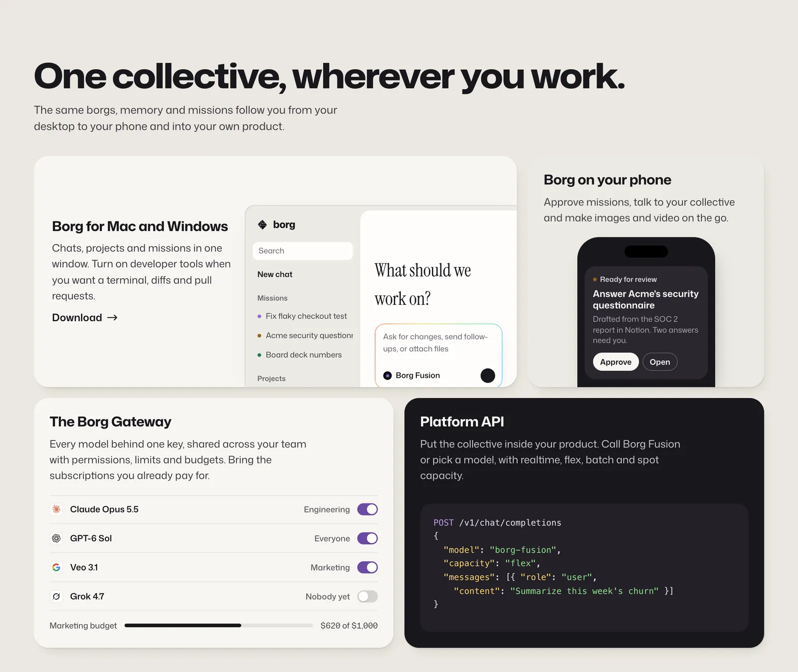 Borg desktop app, phone approval screen, Borg Gateway model permissions and Platform API code sample