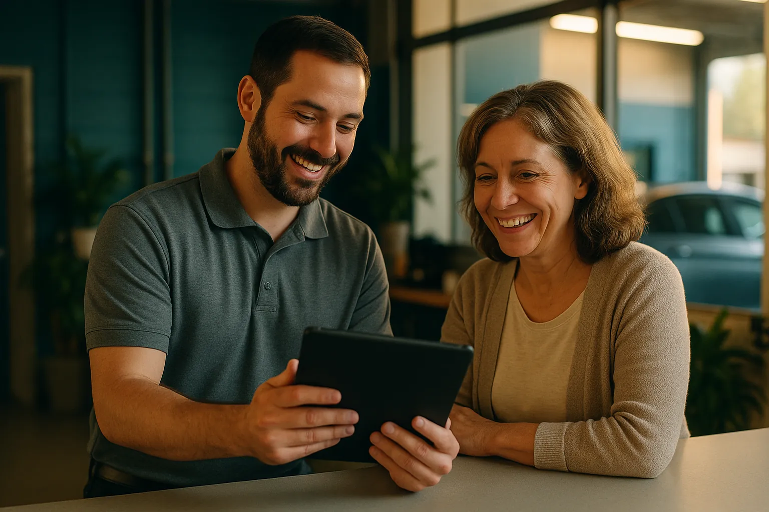 A service advisor at a shop counter showing a smiling customer something on a tablet