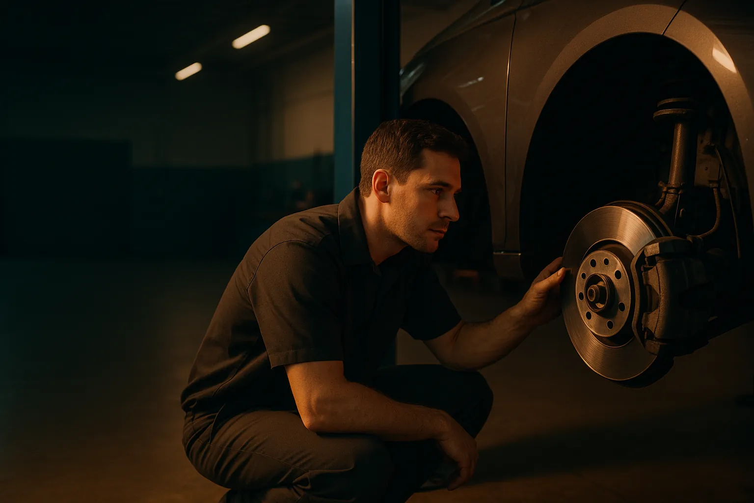 A technician inspecting a brake rotor and caliper on a car raised on a lift with the wheel removed