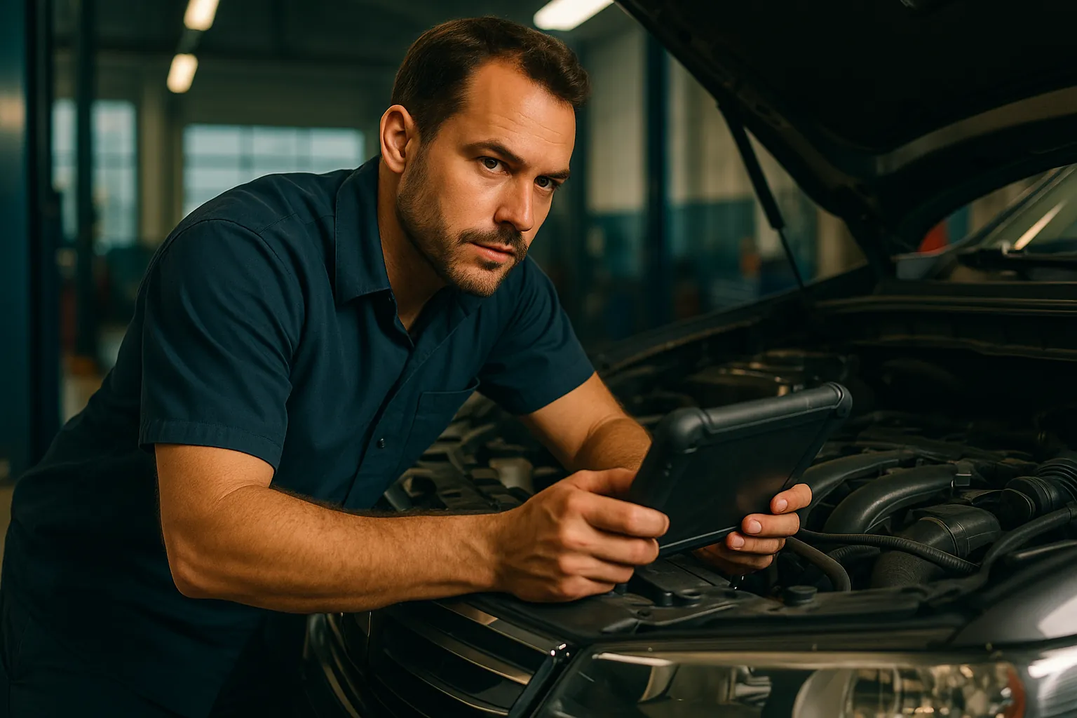 A technician leaning over the open engine bay of a dark SUV holding a diagnostic tablet