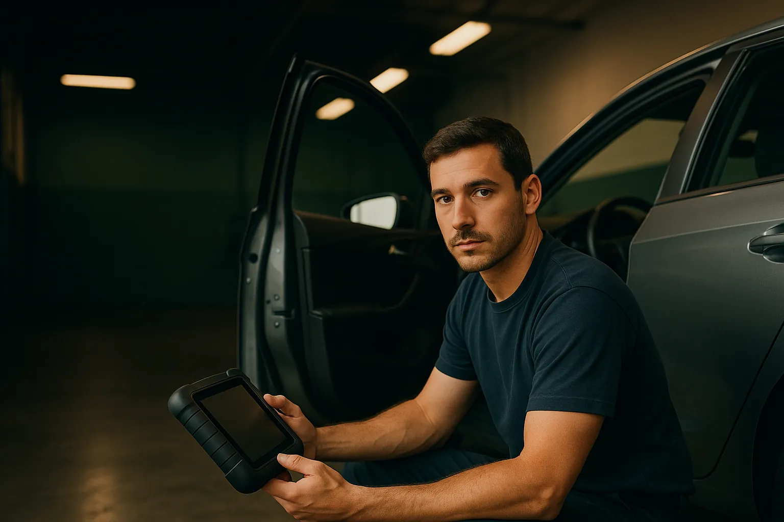 A technician kneeling at the open door of a hatchback plugging a diagnostic scan tool into the dashboard port