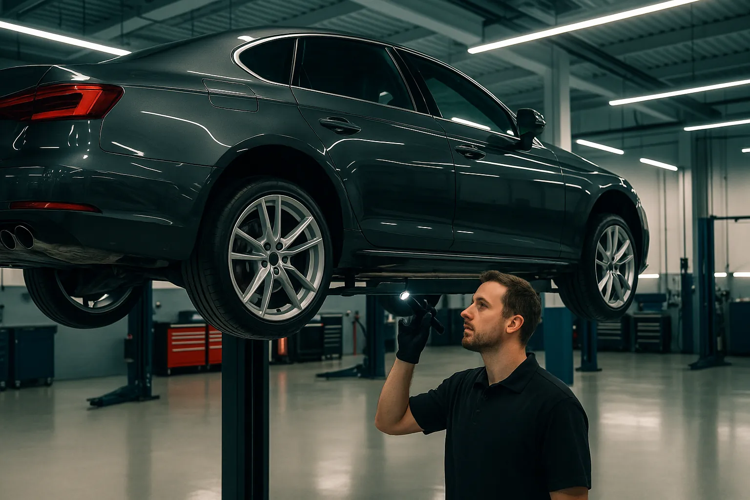 A dark grey European sports sedan on a lift with a technician inspecting the underside with a flashlight