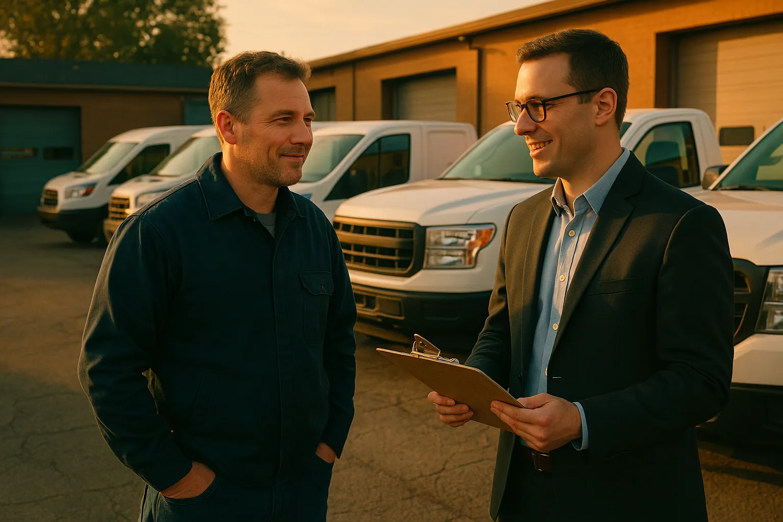 A technician talking with a fleet manager holding a clipboard beside a row of plain white work vans at sunrise
