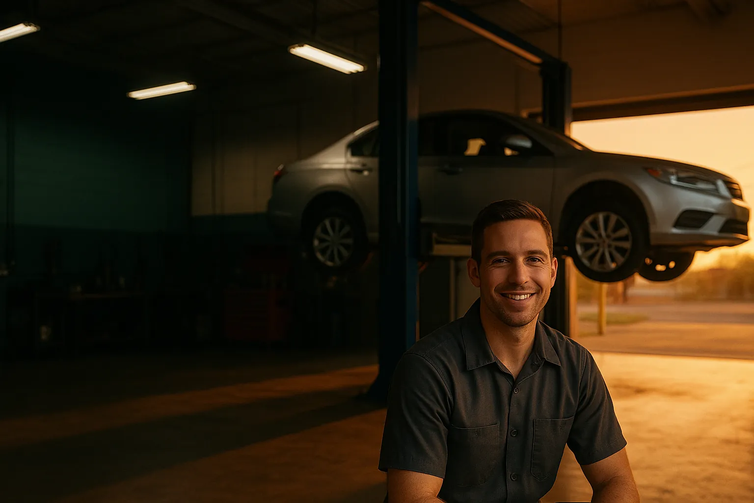 A smiling auto technician standing beside a silver sedan raised on a lift in a clean independent repair shop at golden hour