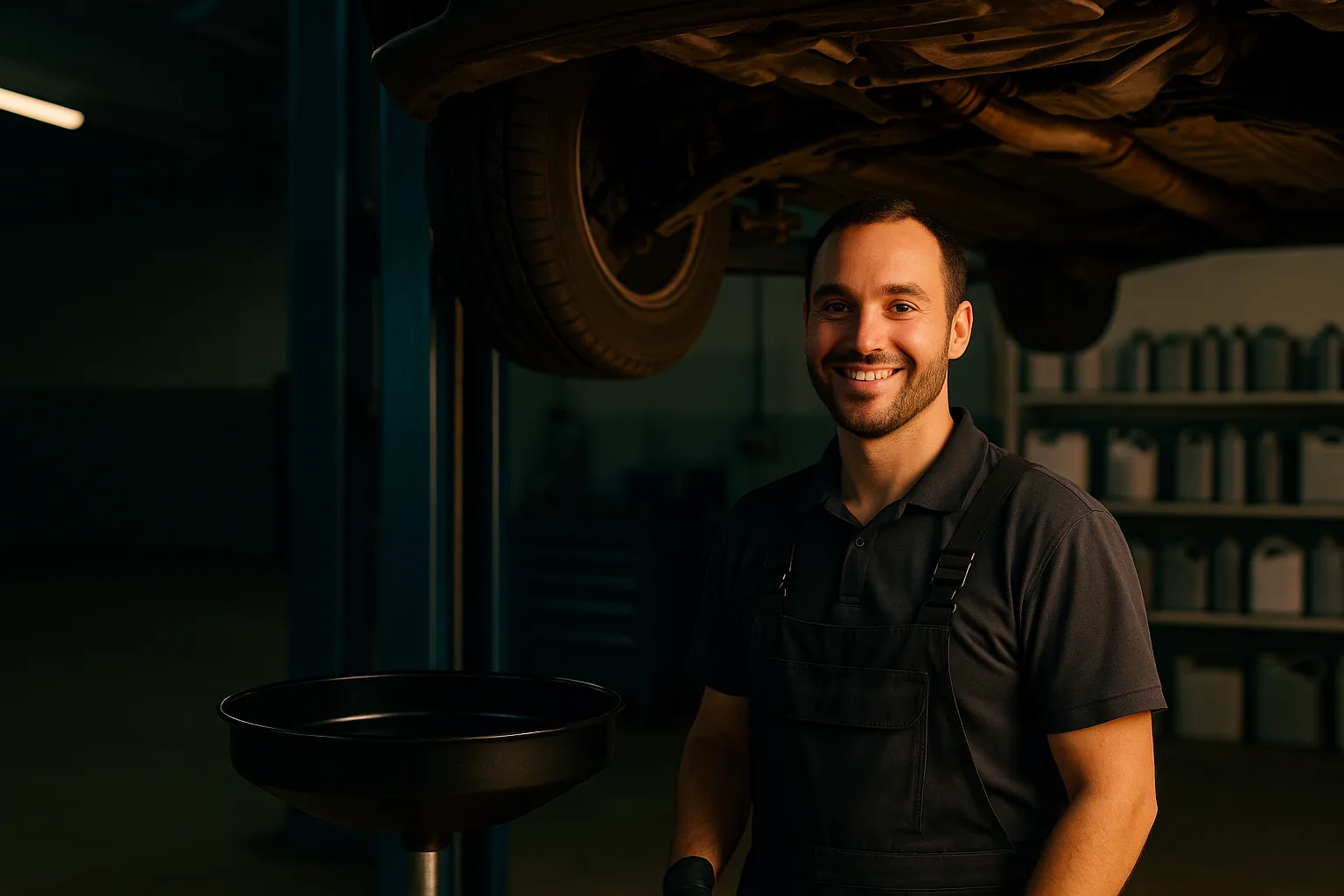 A smiling technician standing under a car on a lift draining engine oil into a drain pan
