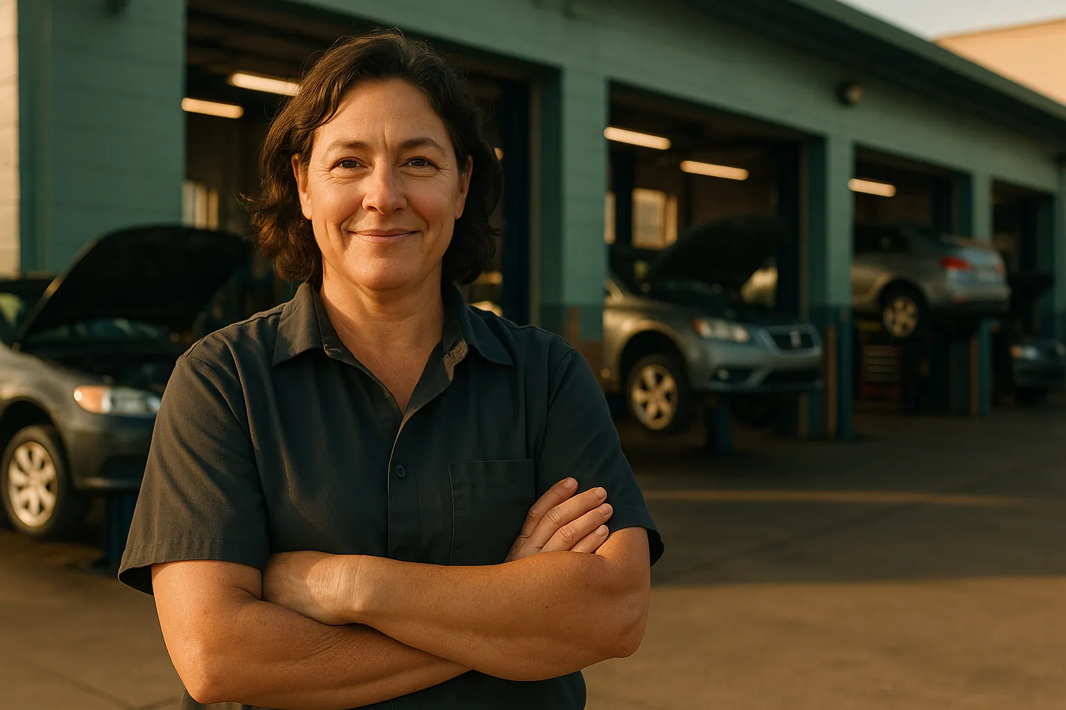 An auto repair shop owner with arms folded standing in front of three open service bays with cars on lifts