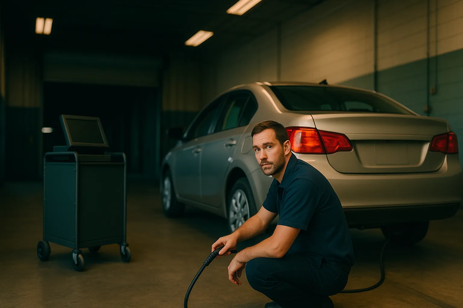 A technician inserting an emissions analyzer probe into the tailpipe of a compact sedan at an inspection bay