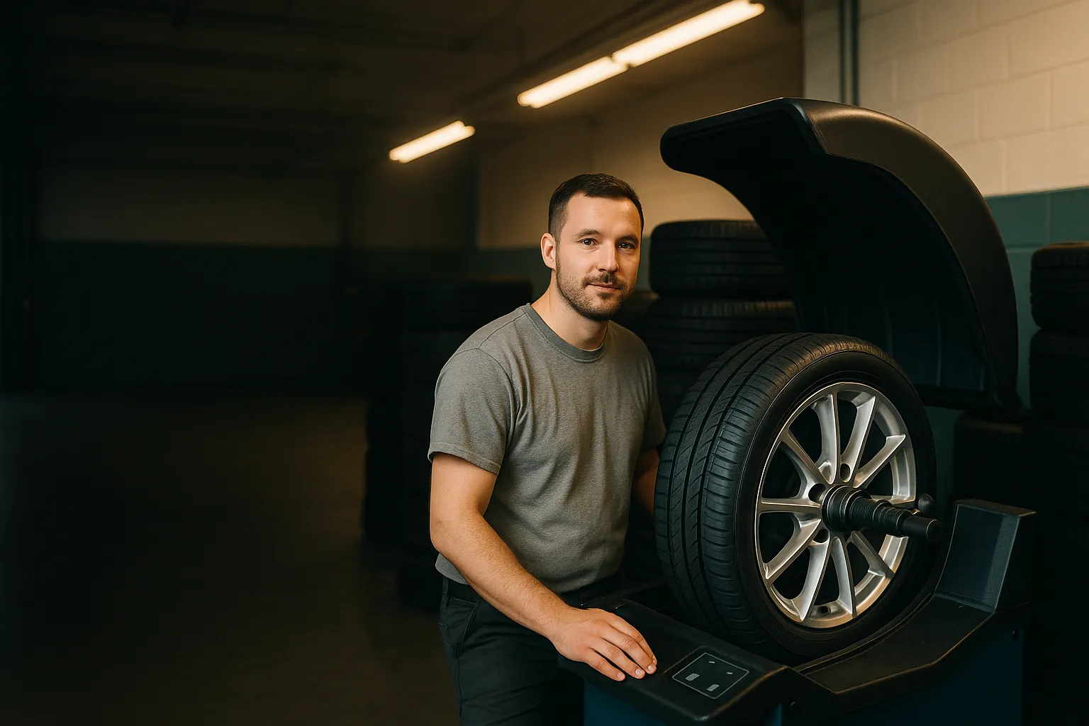 A technician balancing a new tire and alloy wheel on a balancing machine in a clean tire shop