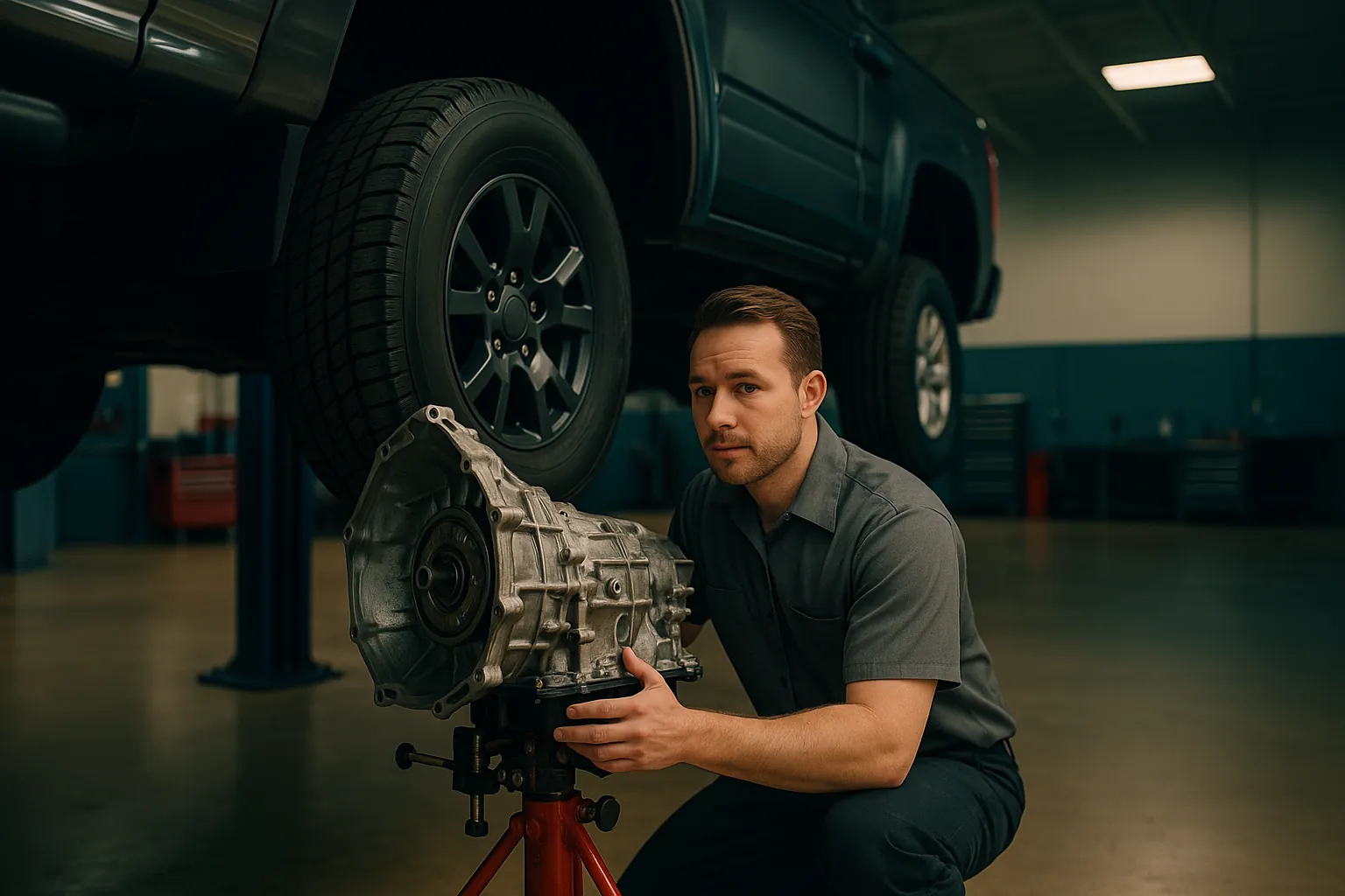A technician guiding a transmission jack holding an automatic transmission under a raised pickup truck