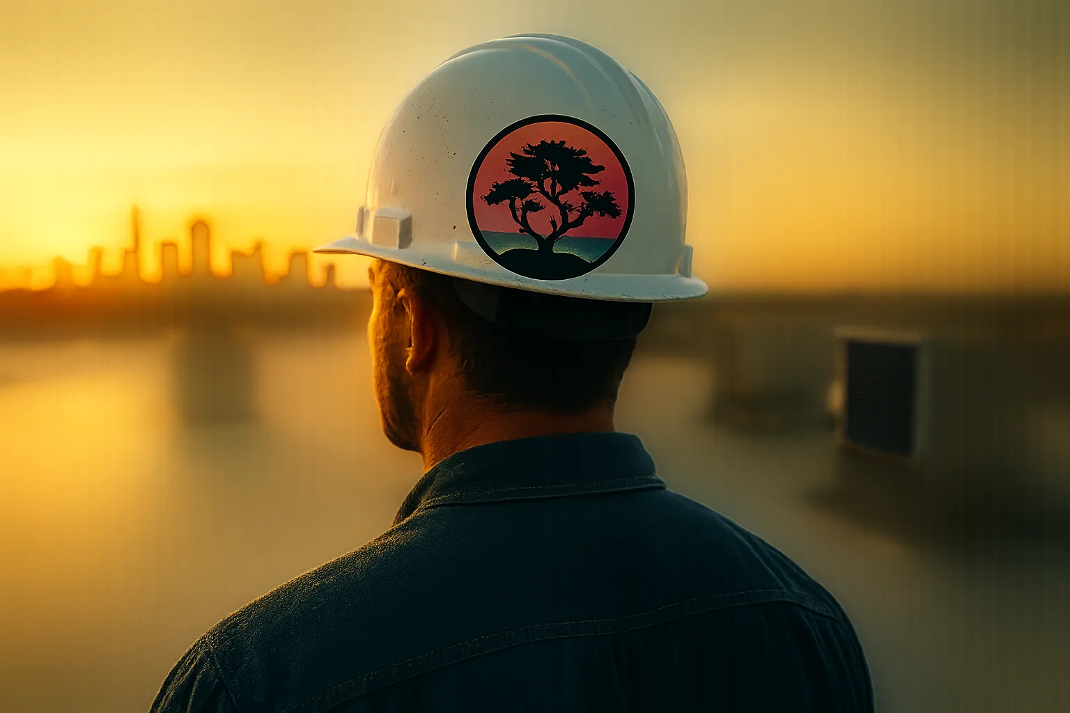 Illustration: a roofing crew member wearing a hard hat with the Bonsai Marketing emblem on a white commercial TPO roof at golden hour