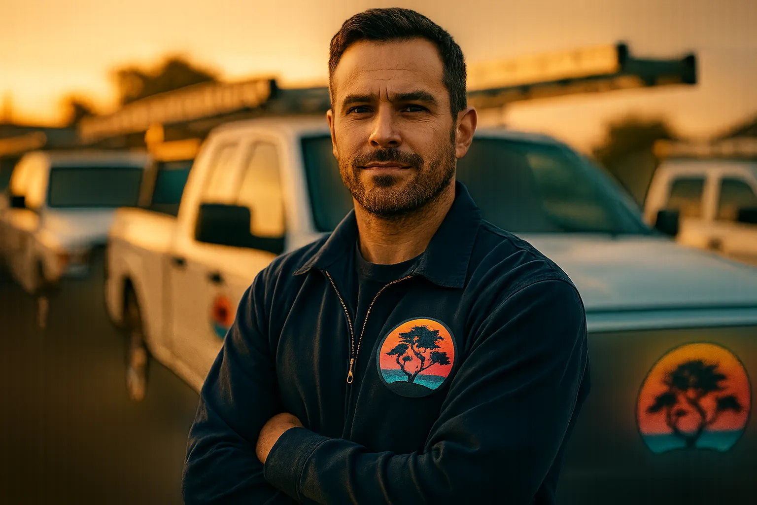 Illustration: a roofing company owner in front of a fleet of trucks wearing the Bonsai Marketing emblem