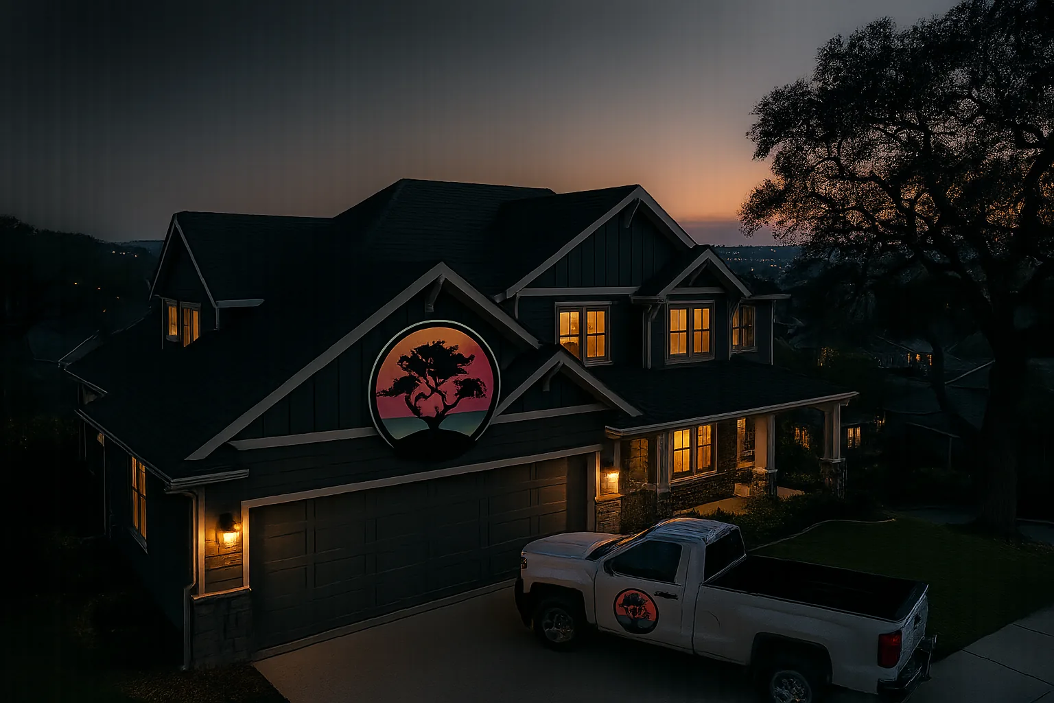Illustration: a new charcoal shingle roof on a craftsman home at dusk, with the Bonsai Marketing emblem on the gable and on the roofing truck