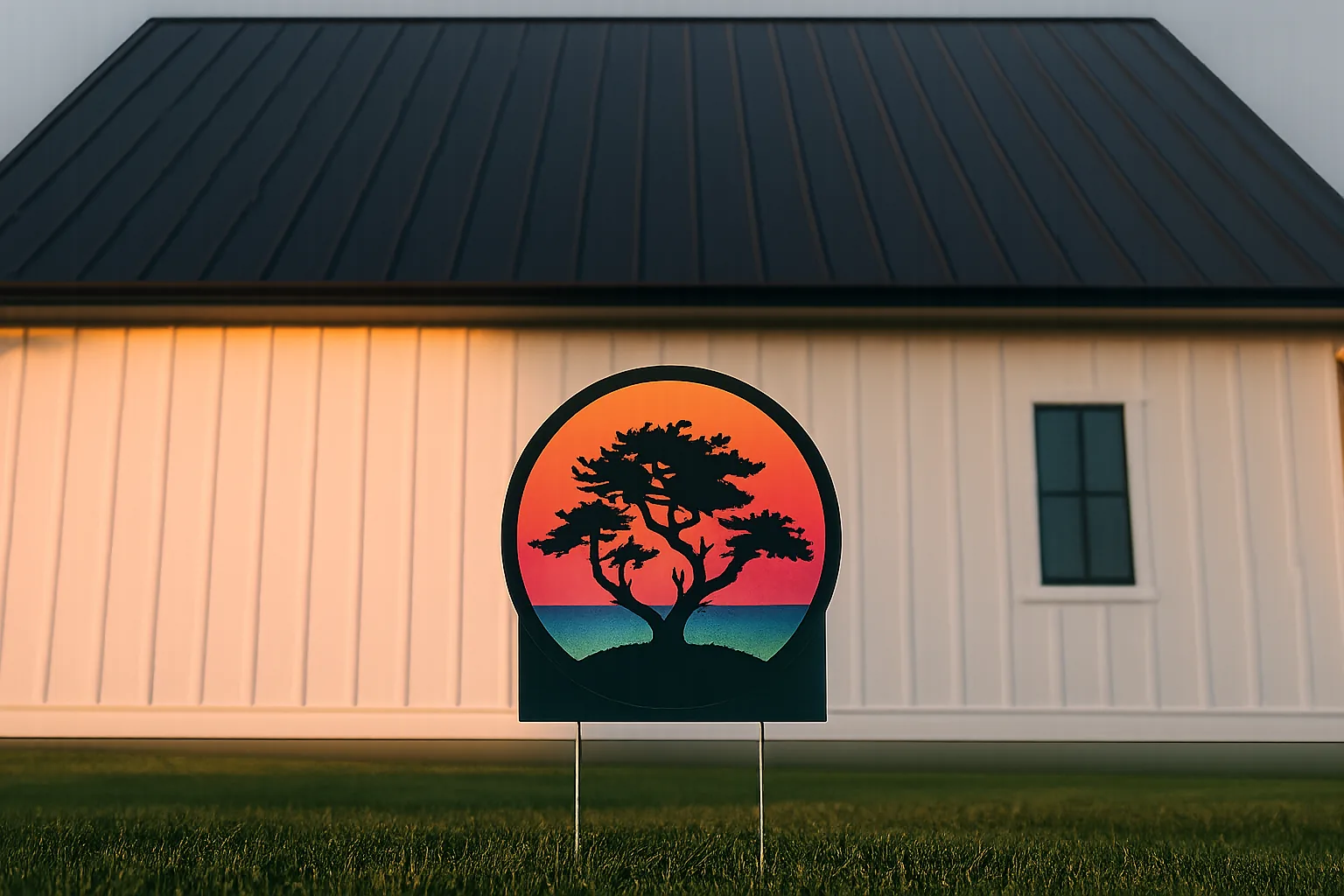 Illustration: a modern farmhouse with a matte black standing-seam metal roof and a Bonsai Marketing emblem yard sign at golden hour
