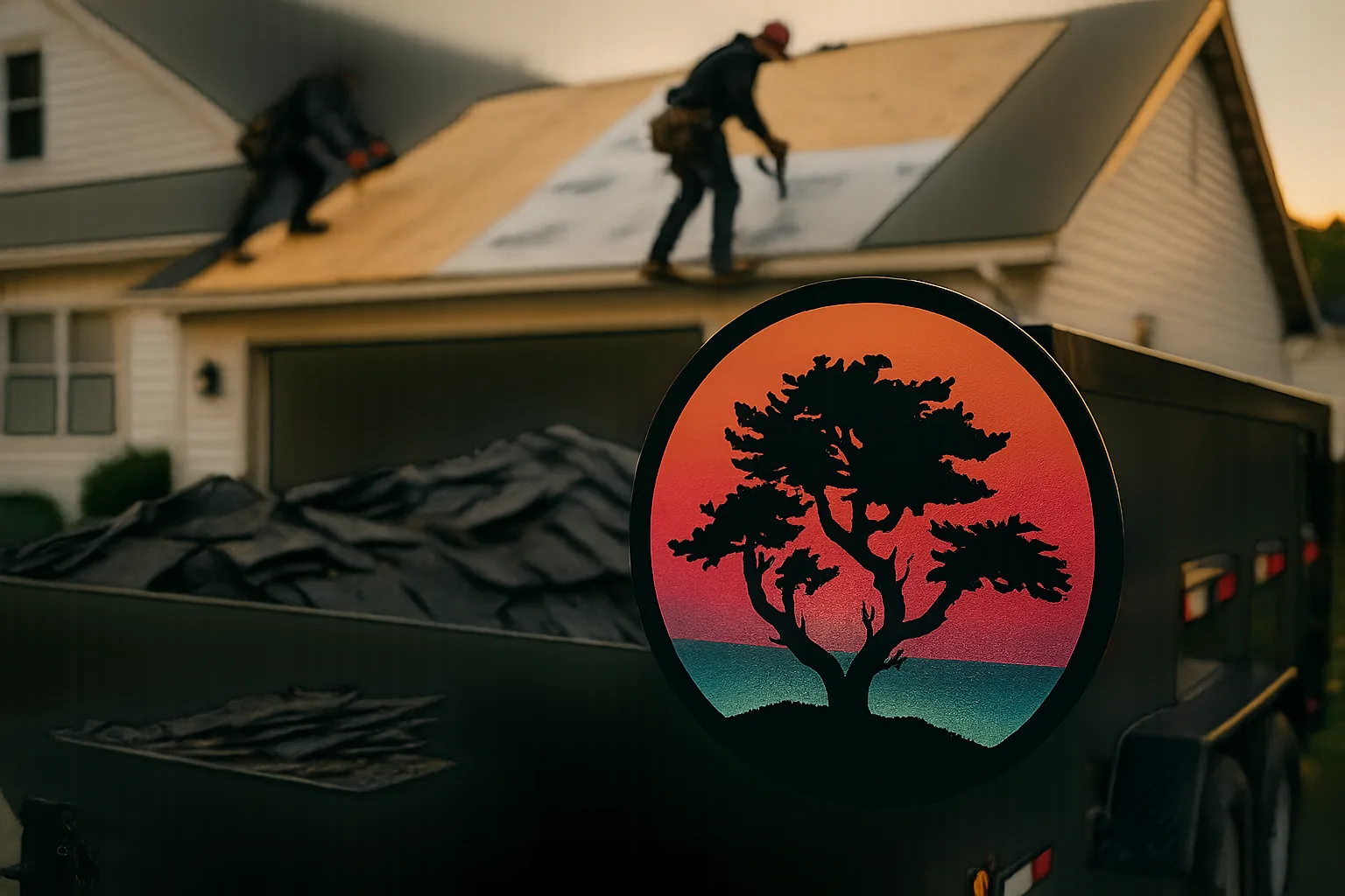 Illustration: a residential re-roof in progress, half torn off to new decking, with a Bonsai Marketing emblem on the crew trailer