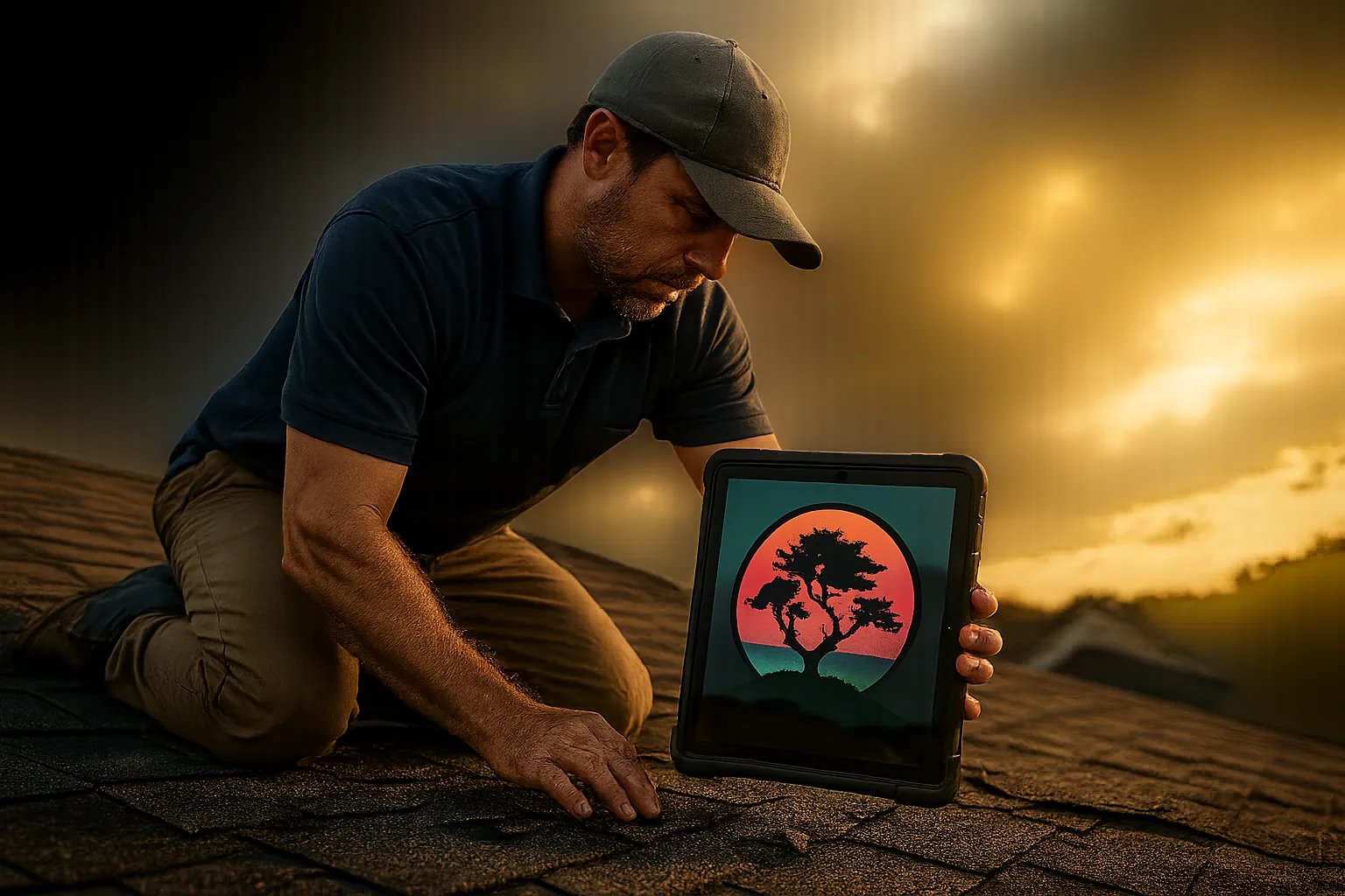 Illustration: a roof inspector kneeling on storm-damaged shingles holding a tablet showing the Bonsai Marketing emblem